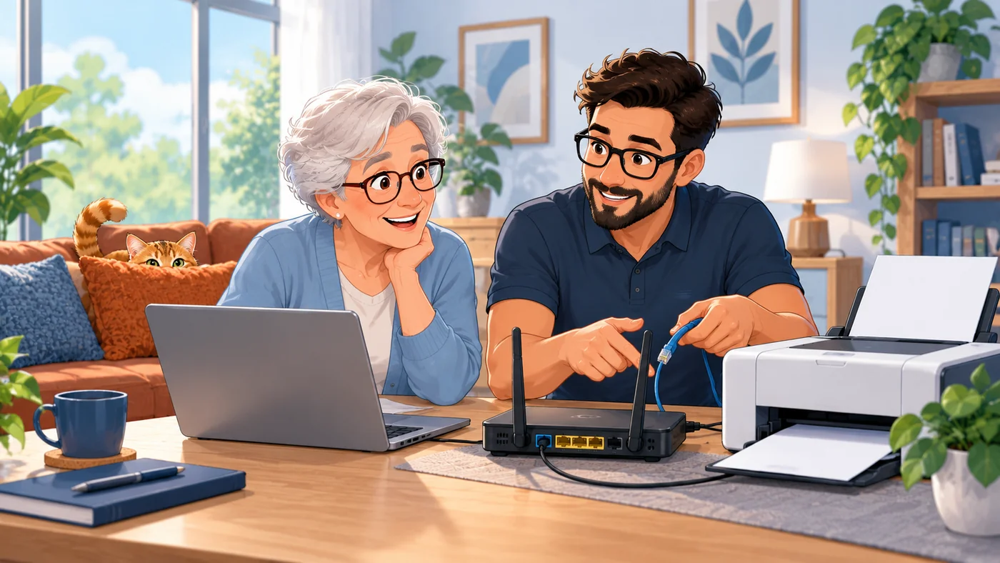 Illustration: Setting up home technology, with a ginger cat hiding among the sofa cushions.