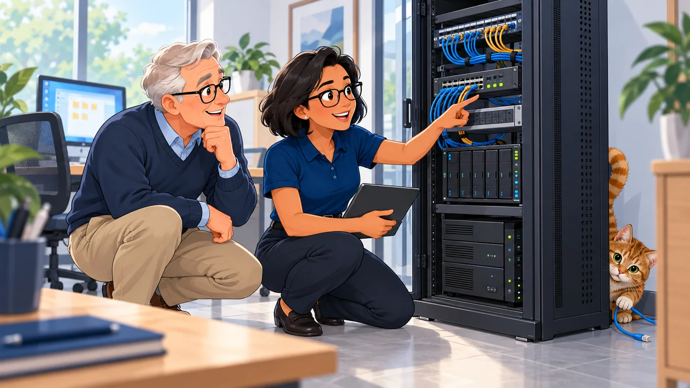 Illustration: Professional network advice beside a tidy server rack, with the ginger cat hiding behind it.