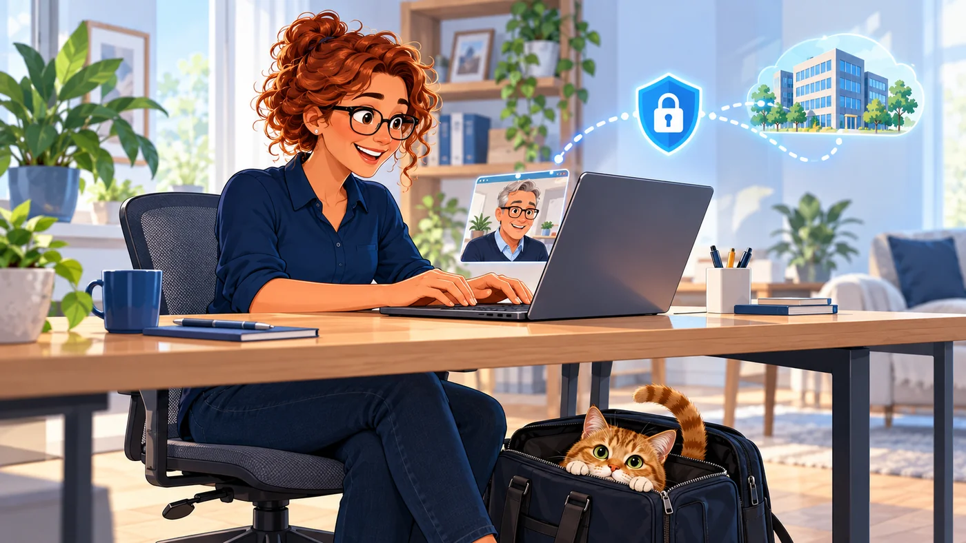 Illustration: VPN access from a home office, with the ginger cat hiding in a laptop bag.