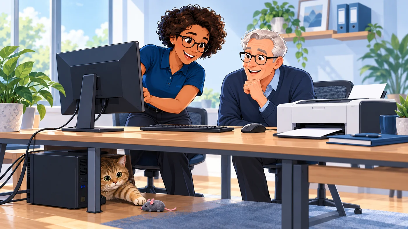 Illustration: Setting up a Windows workstation, with a ginger cat hiding under the desk.